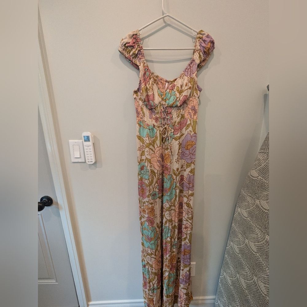 NWOT Free People Rolling Hills Jumpsuit in Tea Combo Boho Sz Medium Long Bohemia - Picture 3 of 5